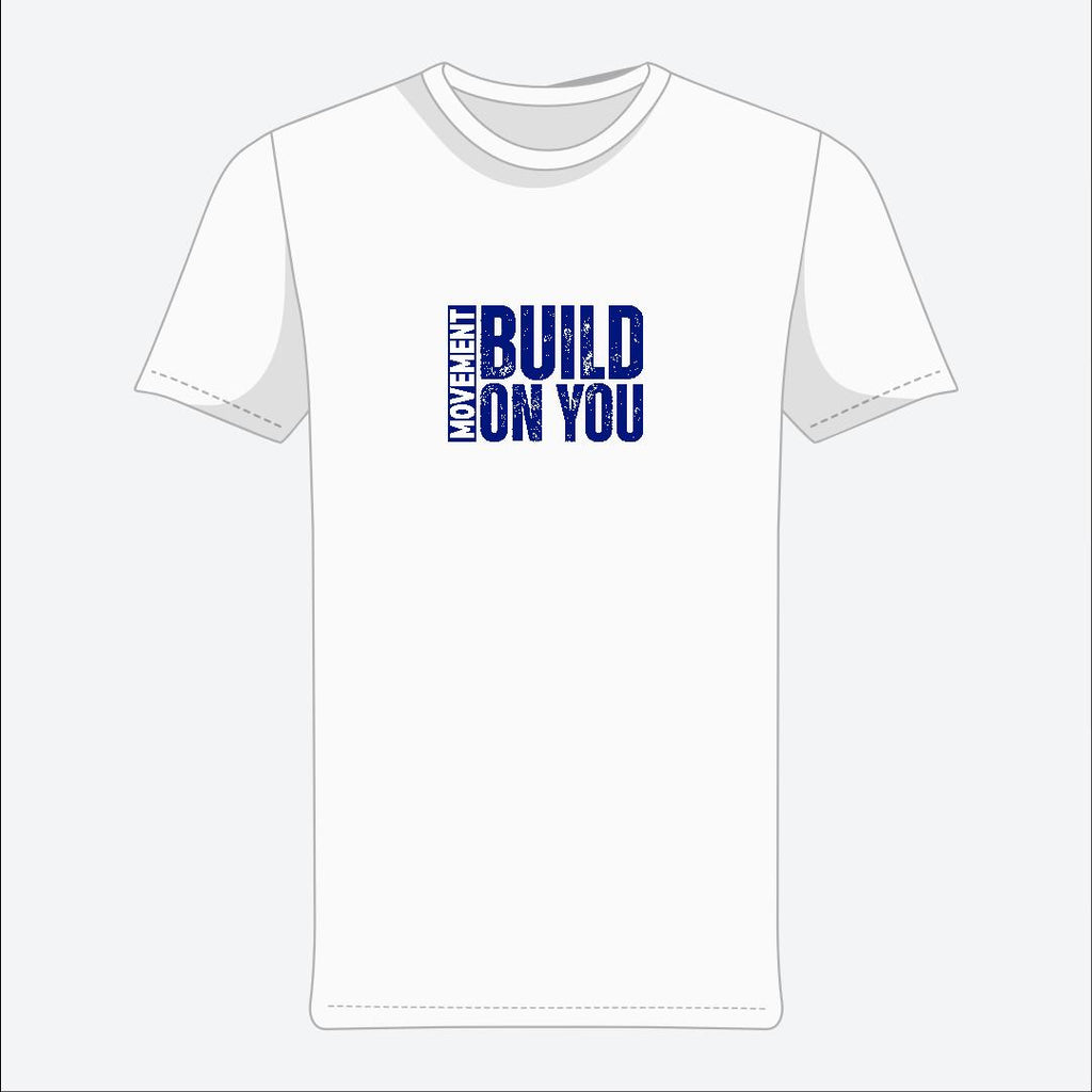 White t-shirt with blue text on a white background
