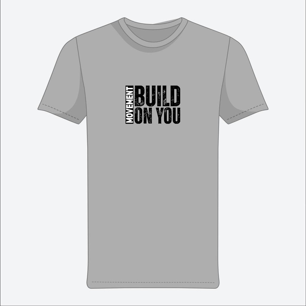 Gray t-shirt with black text on a white background