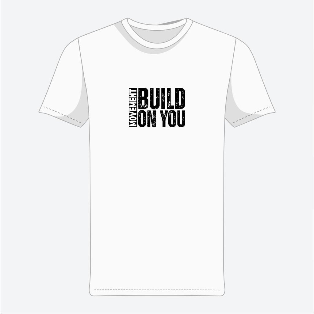 White t-shirt with black text on a white background