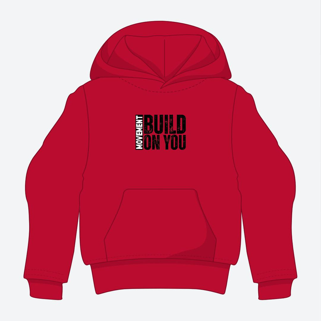 Red hoodie with text on the back against a white background