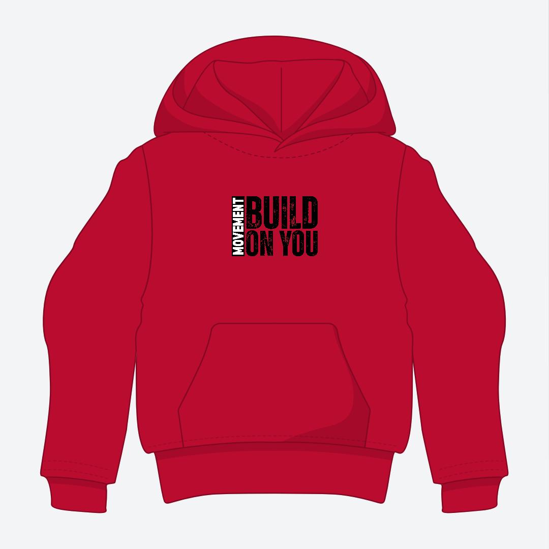Red hoodie with text on the back against a white background