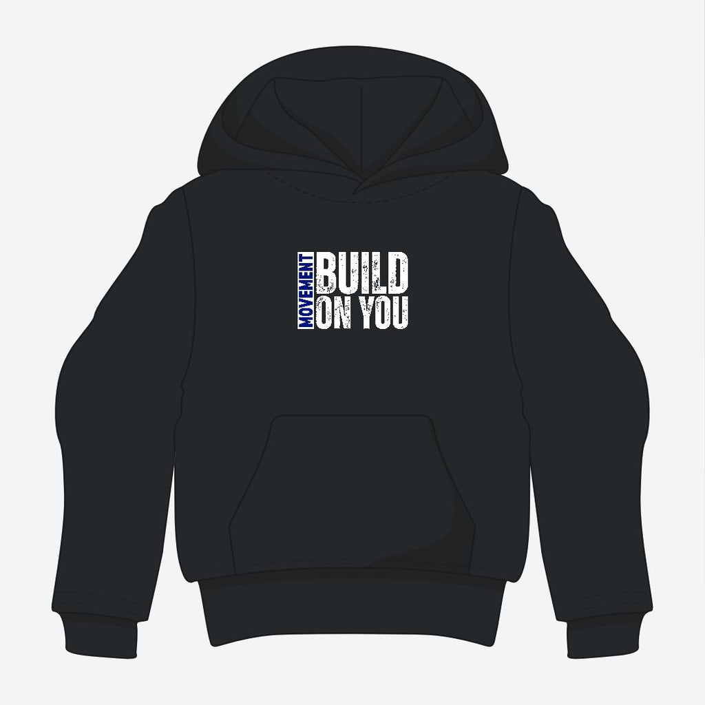 Black hoodie with text on the back against a white background