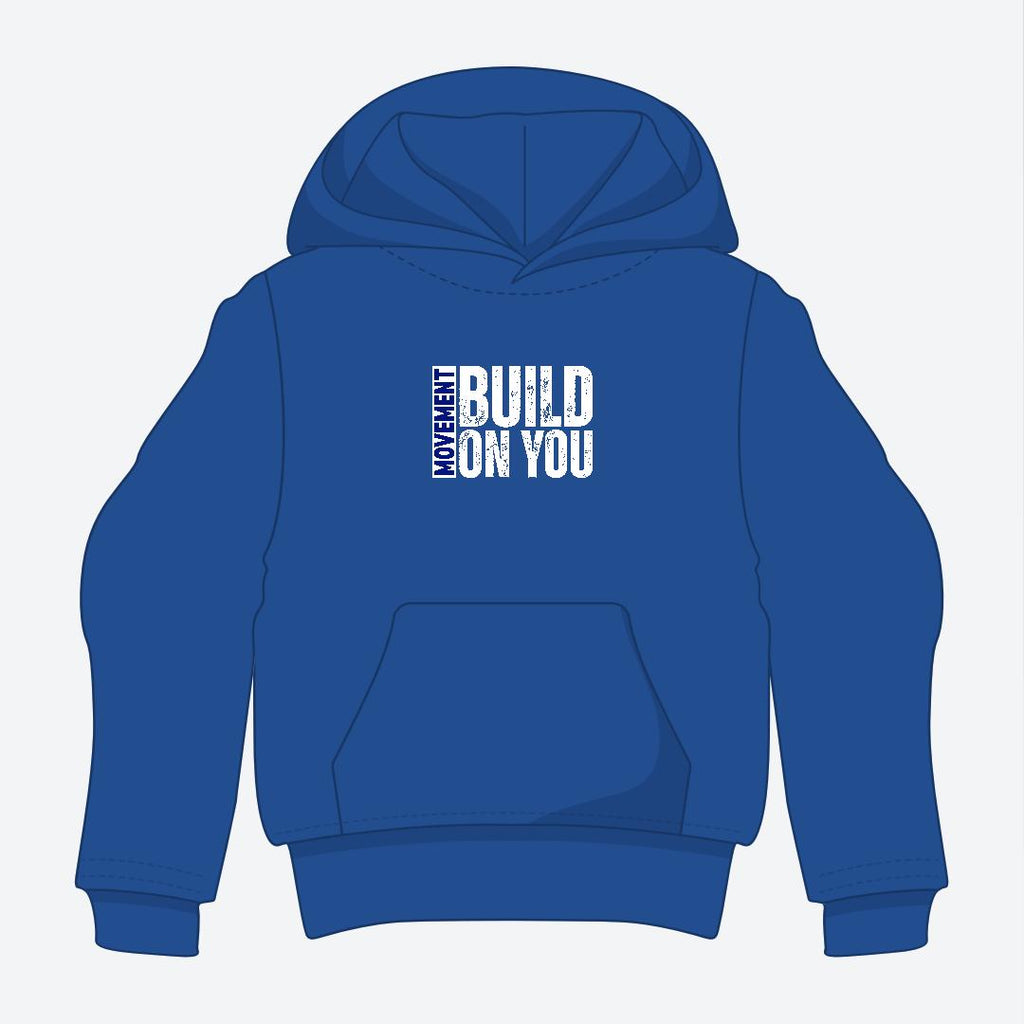 Blue hoodie with text on the back against a light blue background
