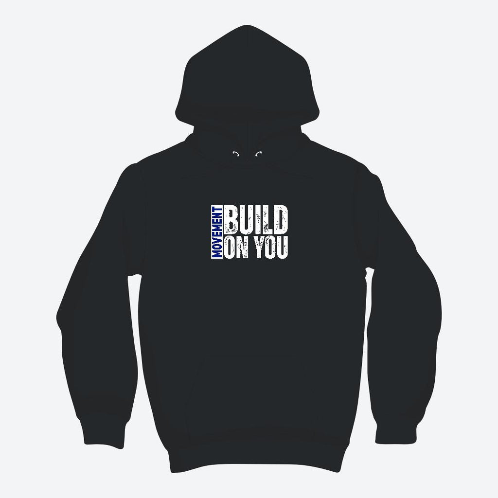 Black hoodie with text 'MY HEART BUILD ON YOU' on a light gray background