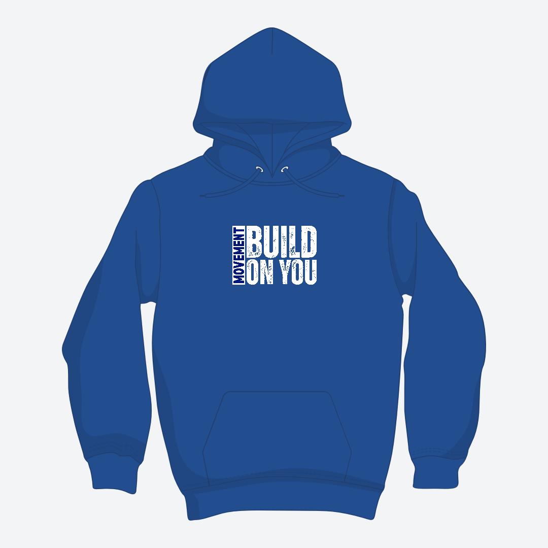 Blue hoodie with white text on a light blue background