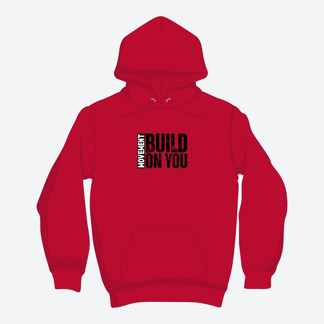 Red hoodie with black text on a white background